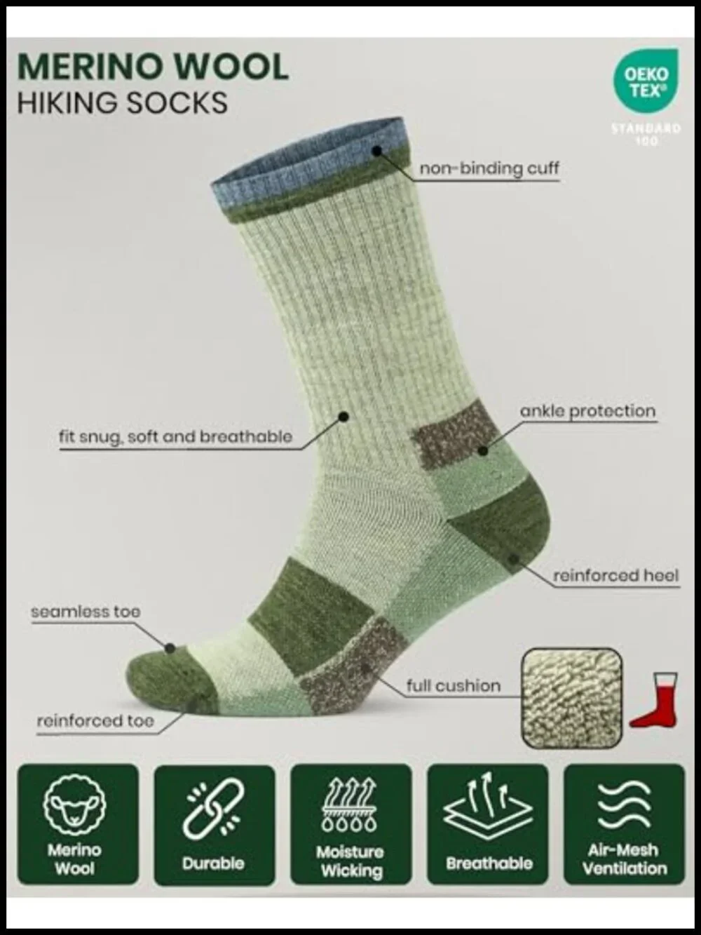 Merino Wool Hiking Socks for Men Women, Full Cushion Thermal Seamless Crew Boot